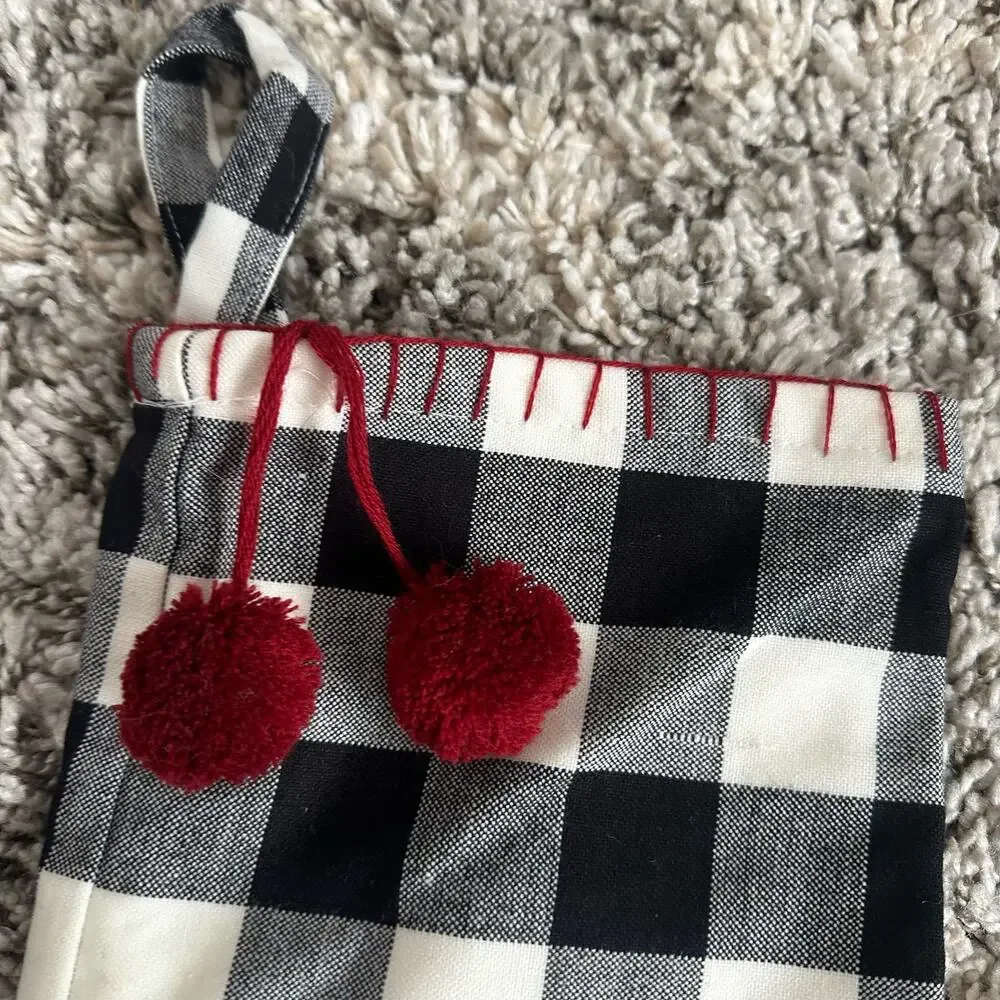 Magaschoni Home Black White Buffalo Plaid Gingham Check Christmas Stocking Pom